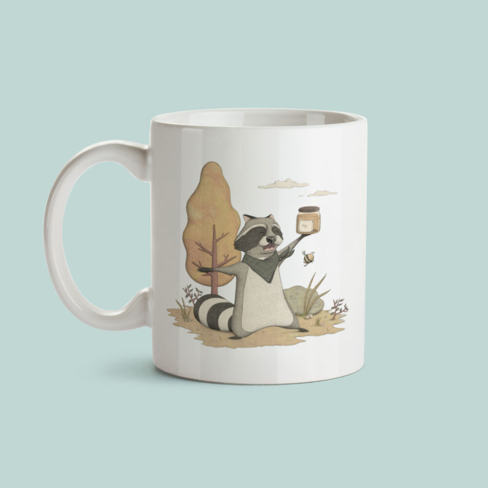 Happy raccoon mug - honeycomb & bee art